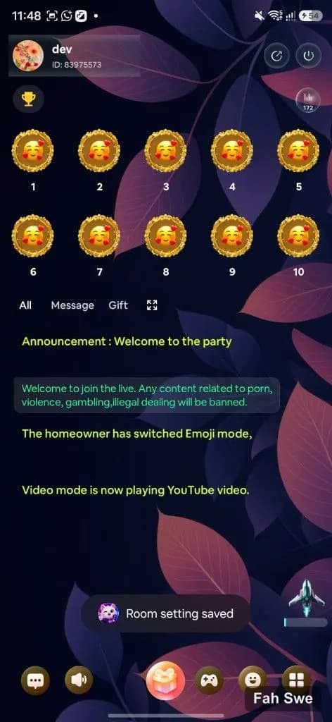 Cat Party room with golden emoji seat frames and welcome announcements. Cat Party room with golden emoji seat frames and welcome announcements