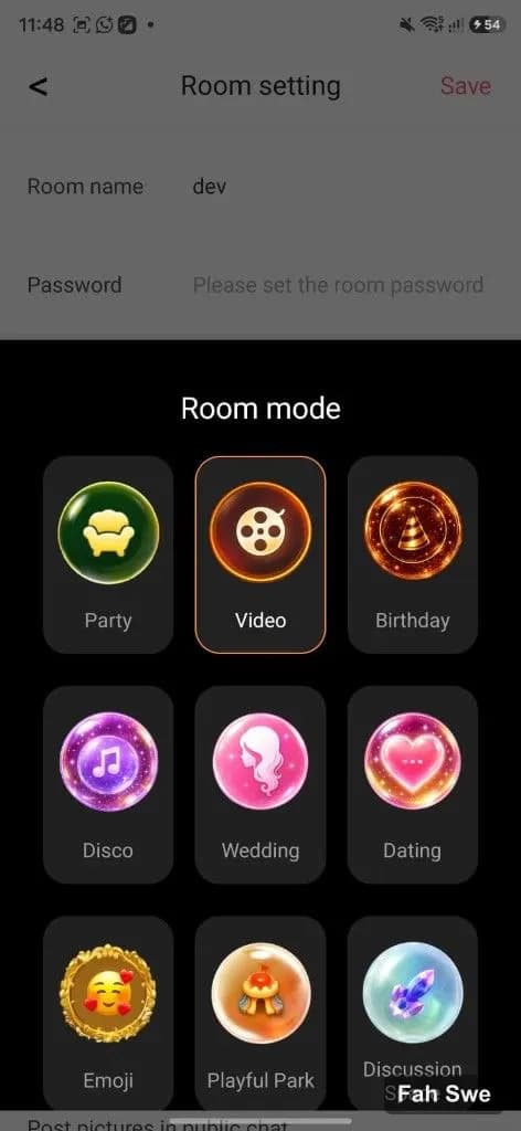 Cat Party room setting — room mode grid with Video selected. Cat Party room setting — room mode grid with Video selected