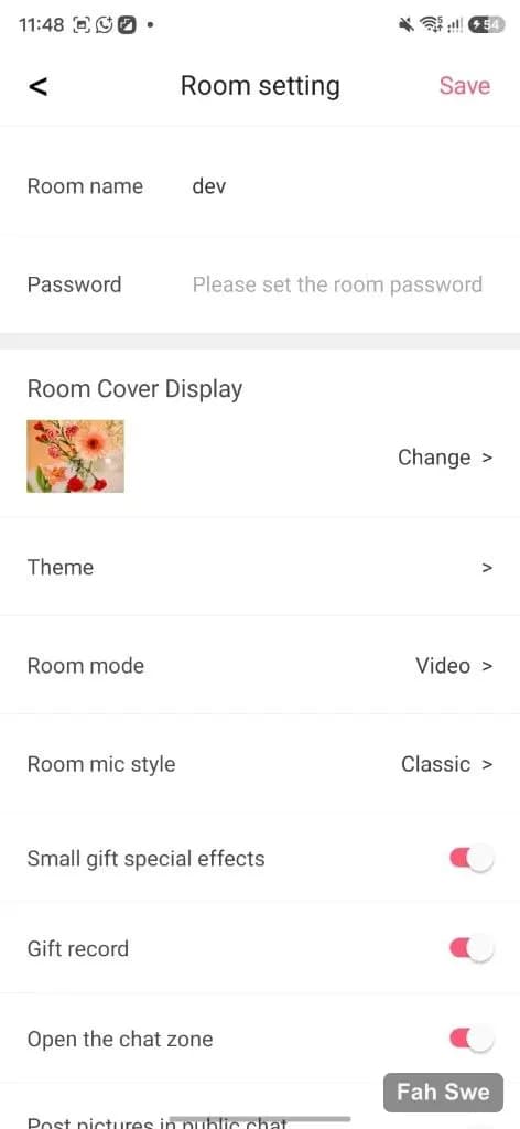 Cat Party room setting toggles for gifts, chat, and cover. Cat Party room setting toggles for gifts, chat, and cover