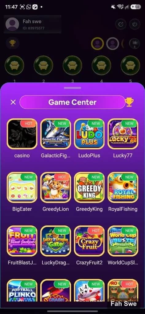 Cat Party in-room Game Center grid with HOT and NEW game badges. Cat Party in-room Game Center grid with HOT and NEW game badges