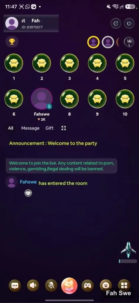 Cat Party live room with numbered seats and real-time chat feed. Cat Party live room with numbered seats and real-time chat feed