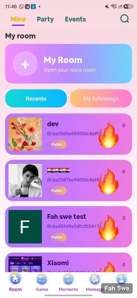 Cat Party My Room — open your voice room, recents and followings list. Cat Party My Room — open your voice room, recents and followings list