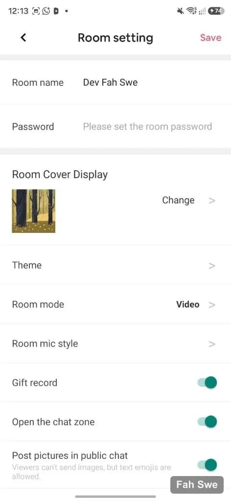 Cat Stream Room setting name password cover and toggles. ক্যাট স্ট্রিম রুম সেটিং — নাম পাসওয়ার্ড কভার ও টগল