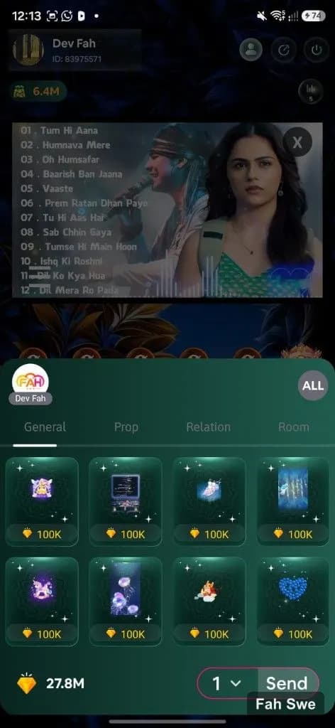 Cat Stream gift prop send panel with diamond prices. ক্যাট স্ট্রিম গিফট প্রপ সেন্ড প্যানেল — ডায়মন্ড দামসহ