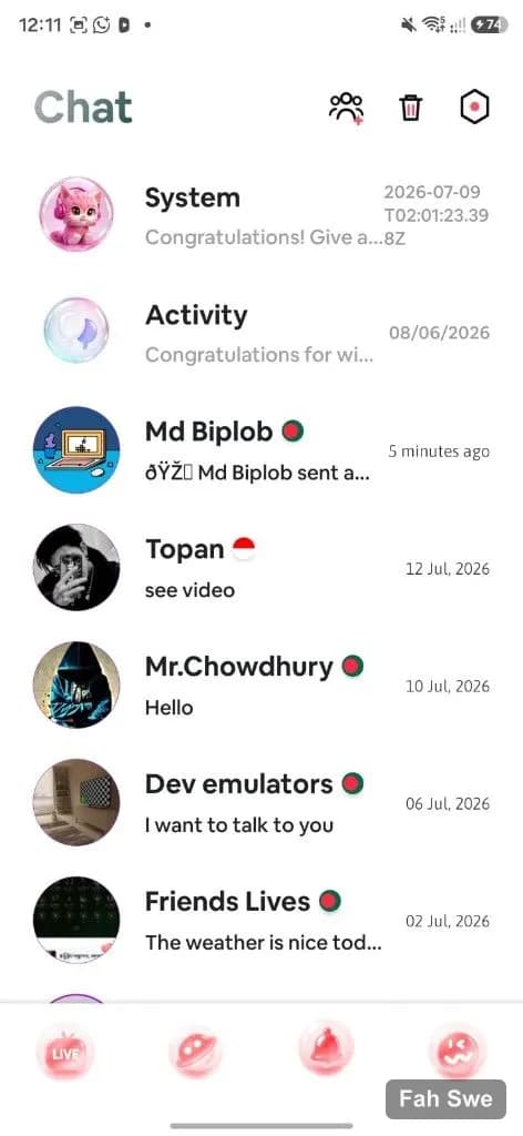 Cat Stream Chat inbox conversation list. ক্যাট স্ট্রিম চ্যাট ইনবক্স কথোপকথন তালিকা