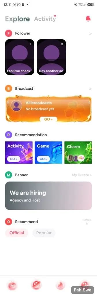Cat Stream Explore with Follower Broadcast Recommendation Banner. ক্যাট স্ট্রিম এক্সপ্লোর — ফলোয়ার ব্রডকাস্ট রেকমেন্ডেশন ব্যানার