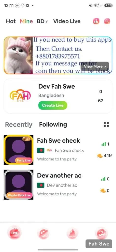 Cat Stream Mine tab with Create Live and following rooms. ক্যাট স্ট্রিম মাইন ট্যাব — Create Live ও ফলোয়িং রুম
