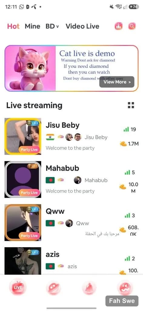 Cat Stream Party Live list with viewer and coin stats. ক্যাট স্ট্রিম পার্টি লাইভ তালিকা — ভিউয়ার ও কয়েন স্ট্যাটসহ