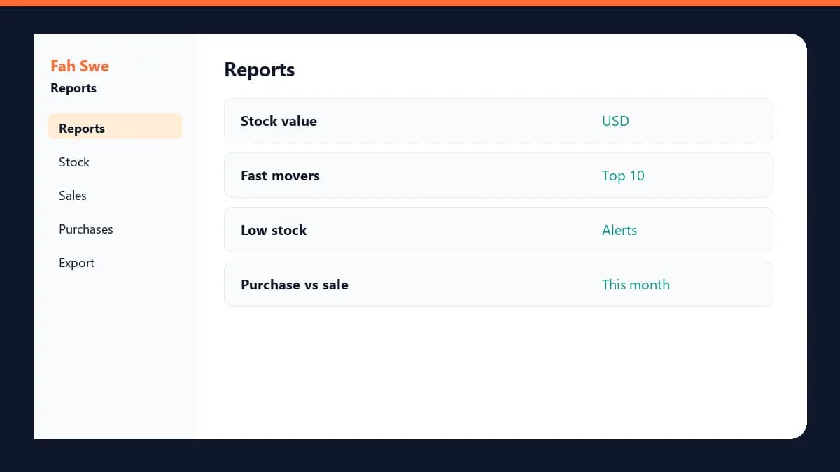 Inventory Software reports diagram — stock value, fast movers, low stock, purchases. ইনভেন্টরি সফটওয়্যার রিপোর্ট ডায়াগ্রাম — স্টক ভ্যালু, ফাস্ট মুভার, লো স্টক, ক্রয়