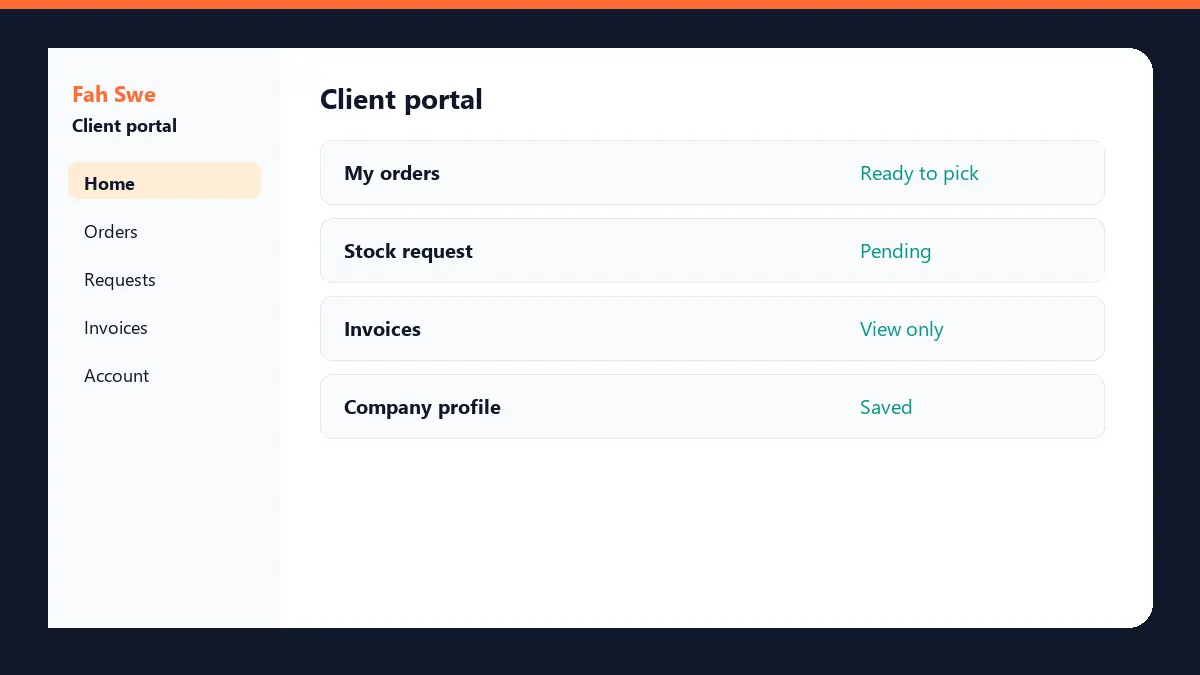 Inventory Software client portal — orders, stock requests, and invoices