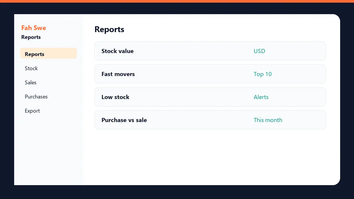 Inventory Software reports — stock value, fast movers, low stock, and purchases