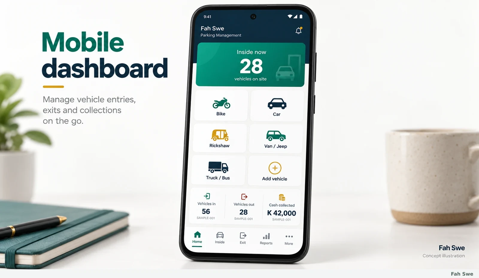 Fah Swe concept illustration: Mobile application dashboard. Sample interface, not a delivered-software screenshot. / Fah Swe-এর ধারণাভিত্তিক ছবি: মোবাইল অ্যাপের ড্যাশবোর্ড। নমুনা ইন্টারফেস; সরবরাহ করা সফটওয়্যারের স্ক্রিনশট নয়।