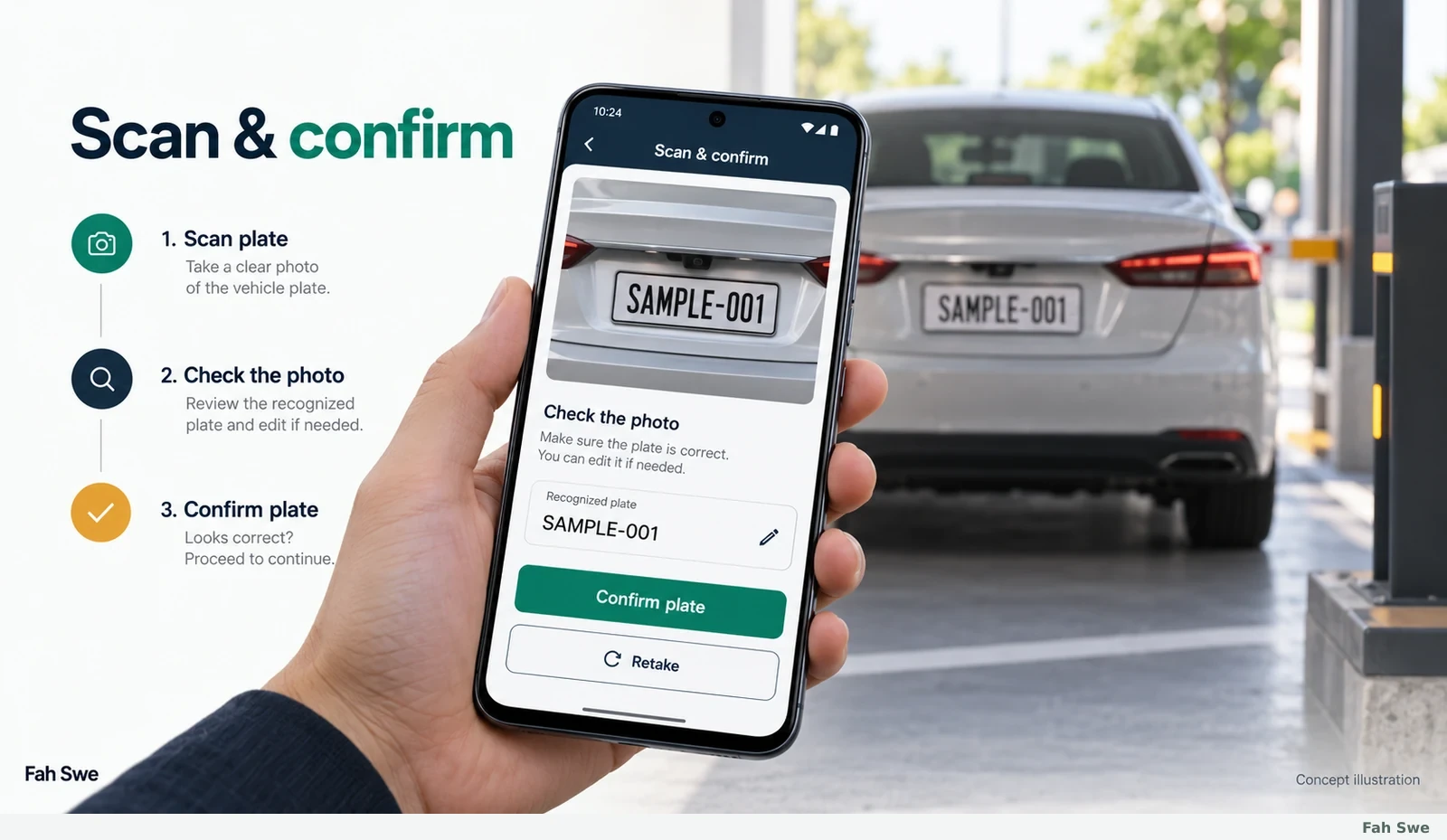 Fah Swe concept illustration: Vehicle number plate scanning and confirmation. Sample interface, not a delivered-software screenshot. / Fah Swe-এর ধারণাভিত্তিক ছবি: নম্বরপ্লেট স্ক্যান ও নিশ্চিতকরণ। নমুনা ইন্টারফেস; সরবরাহ করা সফটওয়্যারের স্ক্রিনশট নয়।