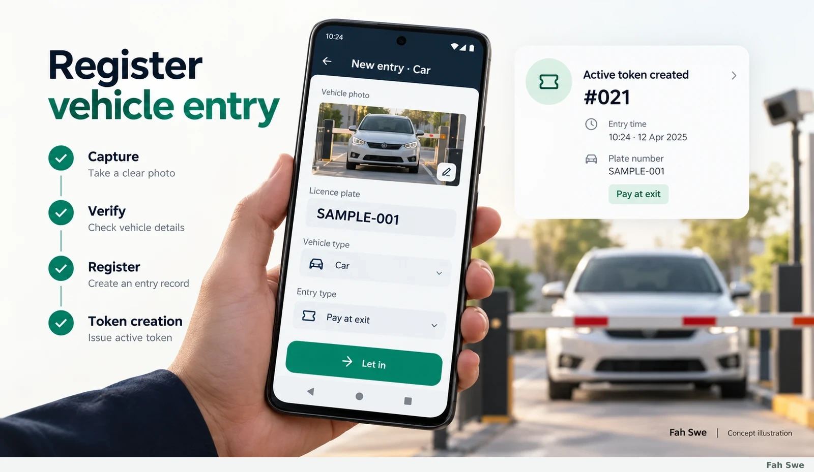 Fah Swe concept illustration: Vehicle entry registration. Sample interface, not a delivered-software screenshot. / Fah Swe-এর ধারণাভিত্তিক ছবি: যানবাহনের প্রবেশ নথিভুক্তকরণ। নমুনা ইন্টারফেস; সরবরাহ করা সফটওয়্যারের স্ক্রিনশট নয়।