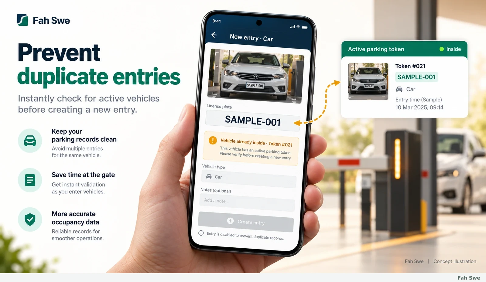 Fah Swe concept illustration: Duplicate vehicle entry warning. Sample interface, not a delivered-software screenshot. / Fah Swe-এর ধারণাভিত্তিক ছবি: একই গাড়ির পুনরায় প্রবেশের সতর্কতা। নমুনা ইন্টারফেস; সরবরাহ করা সফটওয়্যারের স্ক্রিনশট নয়।