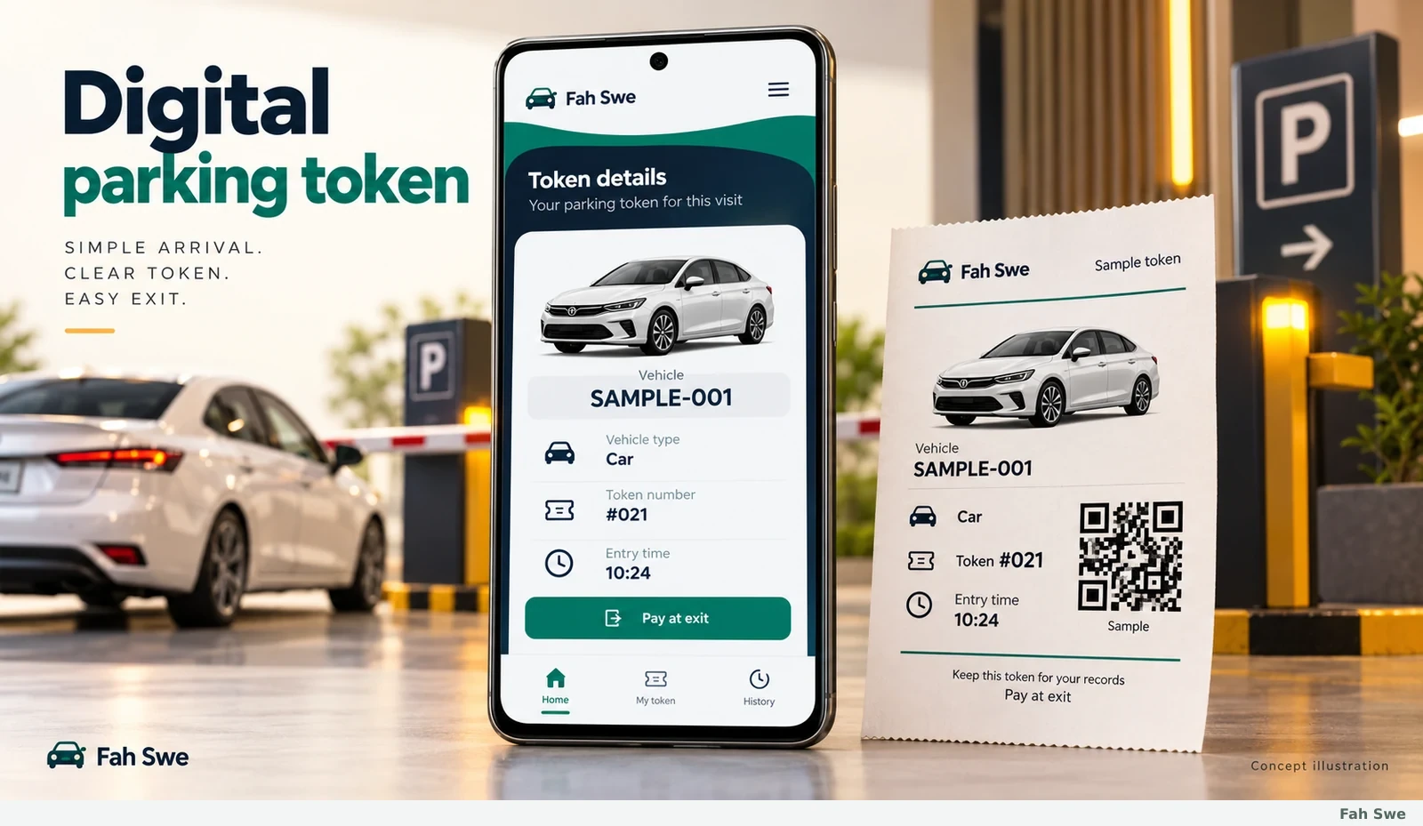 Fah Swe concept illustration: Digital parking token. Sample interface, not a delivered-software screenshot. / Fah Swe-এর ধারণাভিত্তিক ছবি: ডিজিটাল পার্কিং টোকেন। নমুনা ইন্টারফেস; সরবরাহ করা সফটওয়্যারের স্ক্রিনশট নয়।