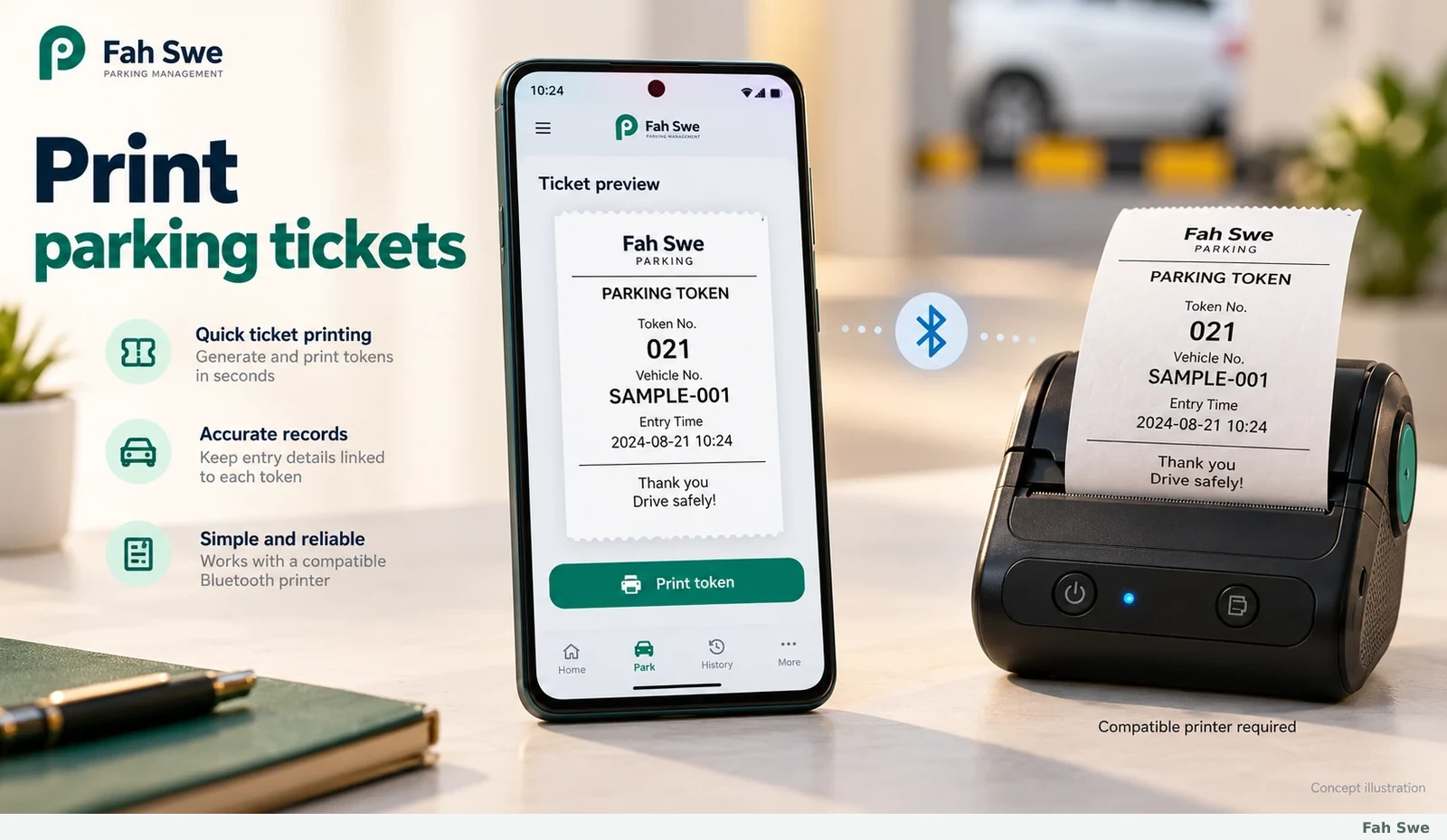 Fah Swe concept illustration: Bluetooth thermal ticket printing. Sample interface, not a delivered-software screenshot. / Fah Swe-এর ধারণাভিত্তিক ছবি: ব্লুটুথ থার্মাল টিকিট প্রিন্টিং। নমুনা ইন্টারফেস; সরবরাহ করা সফটওয়্যারের স্ক্রিনশট নয়।