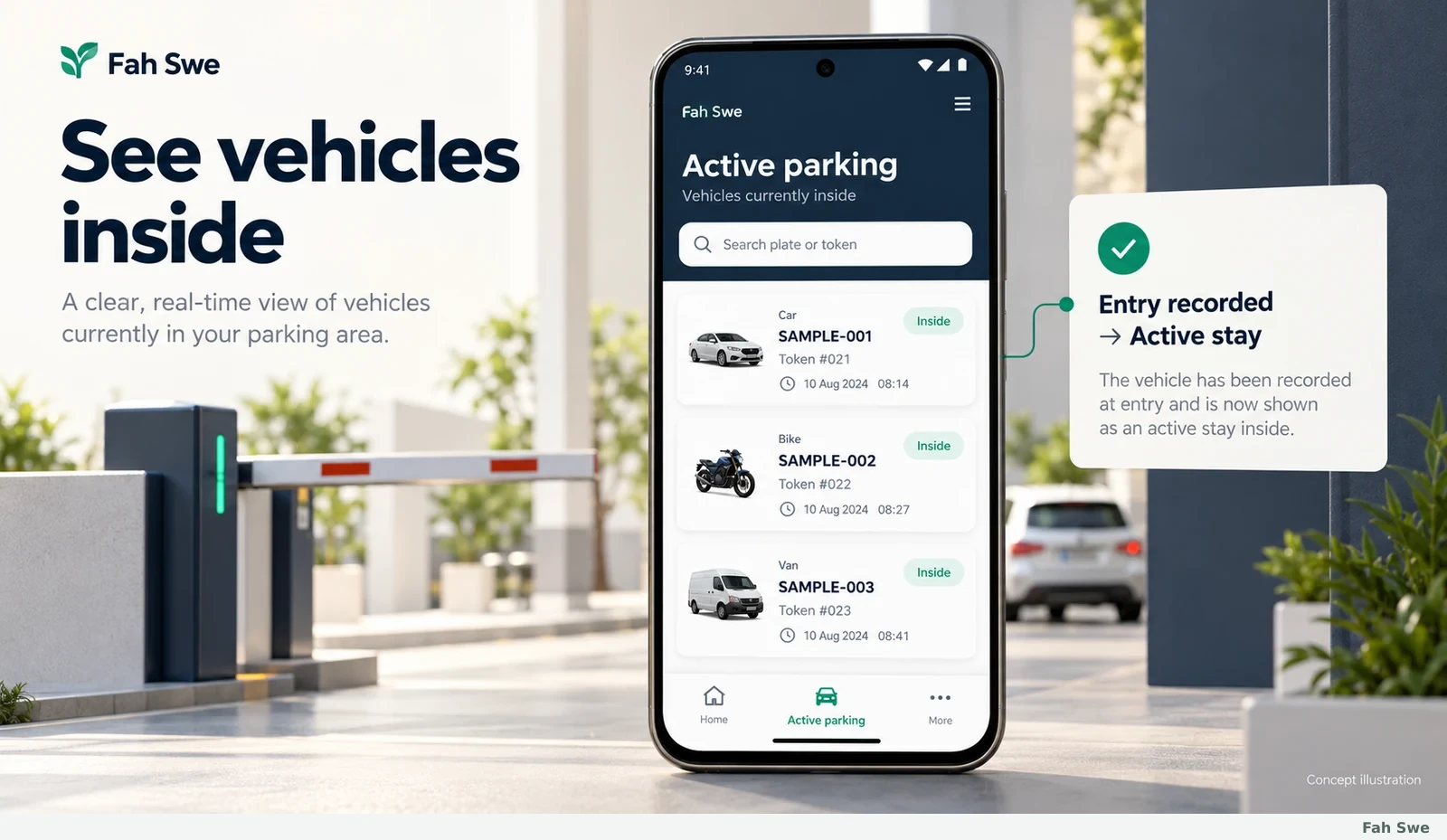 Fah Swe concept illustration: Active parking records. Sample interface, not a delivered-software screenshot. / Fah Swe-এর ধারণাভিত্তিক ছবি: ভেতরে থাকা গাড়ির চলমান রেকর্ড। নমুনা ইন্টারফেস; সরবরাহ করা সফটওয়্যারের স্ক্রিনশট নয়।