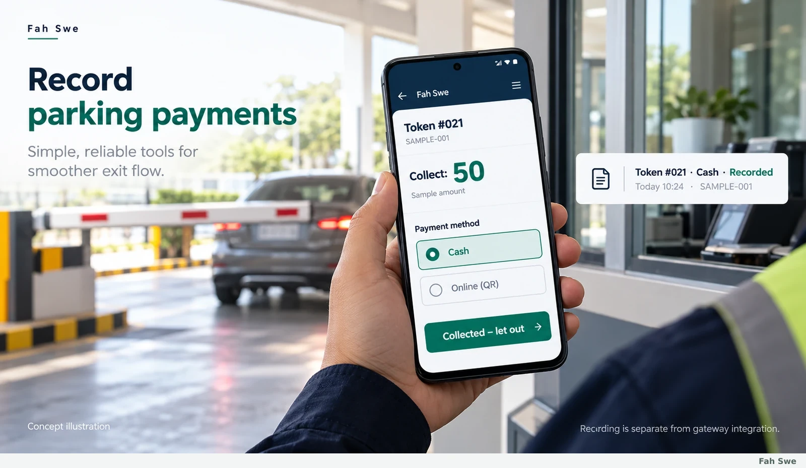 Fah Swe concept illustration: Payment recording. Sample interface, not a delivered-software screenshot. / Fah Swe-এর ধারণাভিত্তিক ছবি: পেমেন্ট নথিভুক্তকরণ। নমুনা ইন্টারফেস; সরবরাহ করা সফটওয়্যারের স্ক্রিনশট নয়।