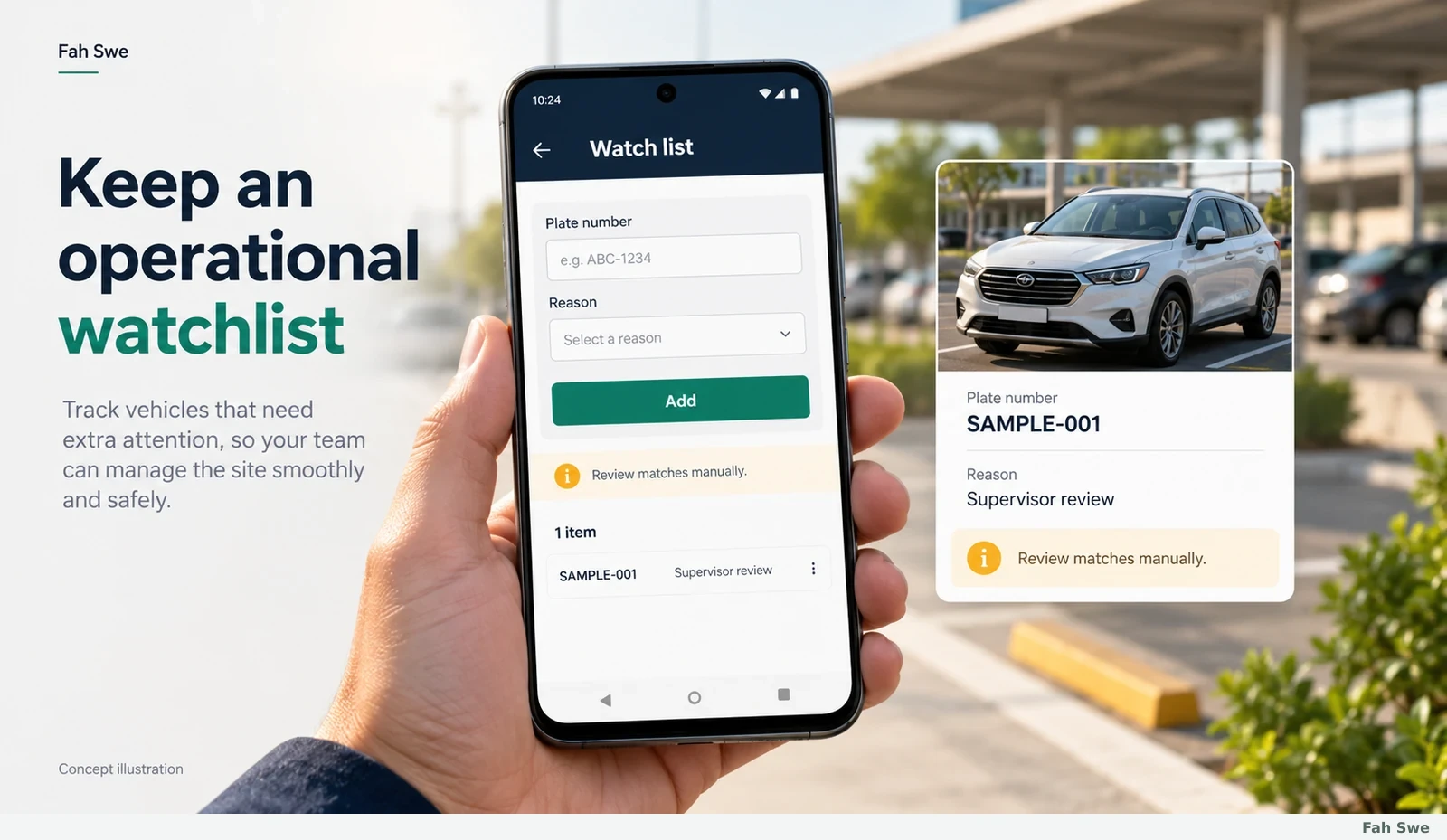 Fah Swe concept illustration: Vehicle watchlist. Sample interface, not a delivered-software screenshot. / Fah Swe-এর ধারণাভিত্তিক ছবি: যানবাহনের ওয়াচলিস্ট। নমুনা ইন্টারফেস; সরবরাহ করা সফটওয়্যারের স্ক্রিনশট নয়।