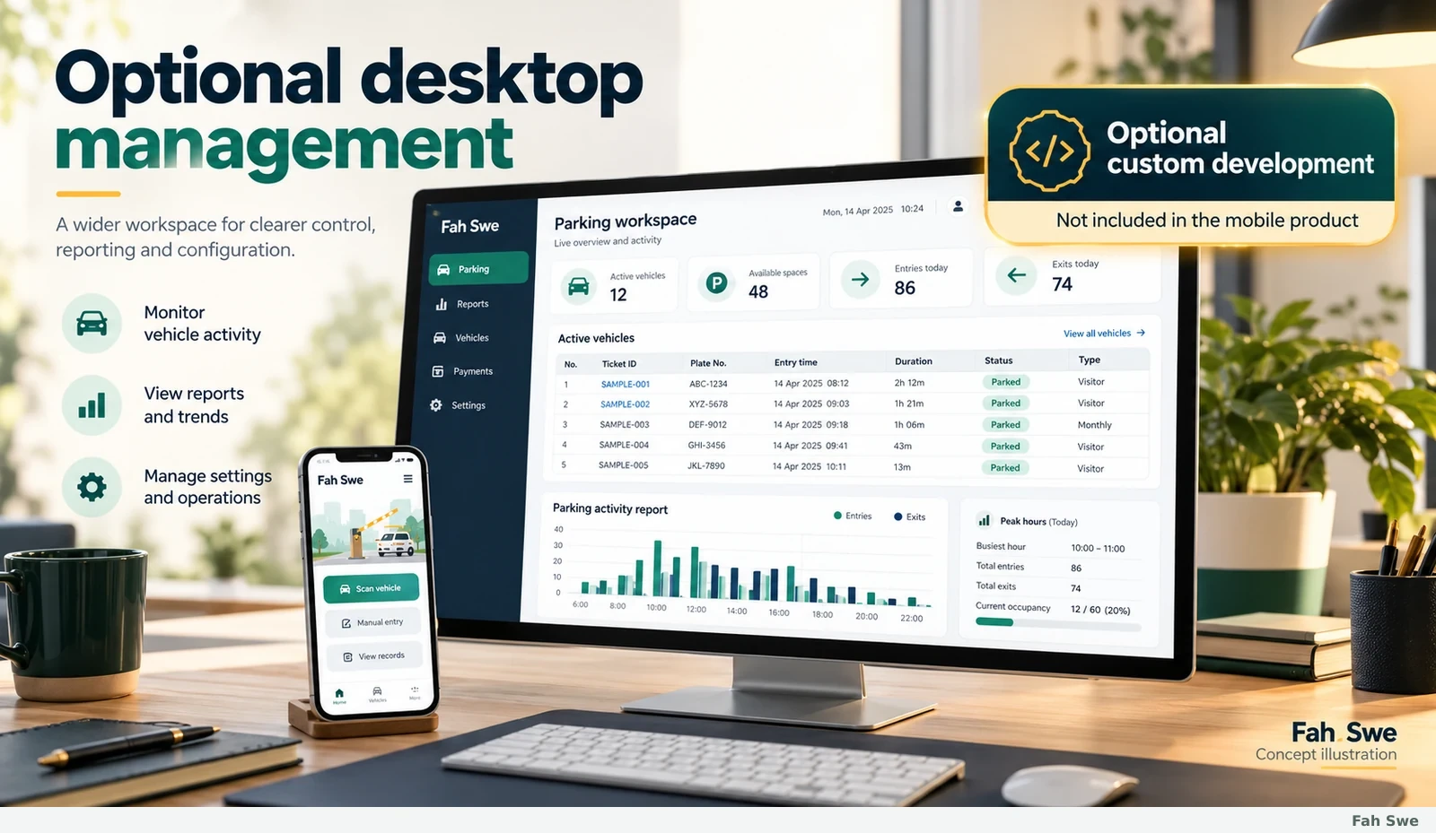 Fah Swe concept illustration: Optional desktop management software. Sample interface, not a delivered-software screenshot. / Fah Swe-এর ধারণাভিত্তিক ছবি: ঐচ্ছিক কম্পিউটার ব্যবস্থাপনা সফটওয়্যার। নমুনা ইন্টারফেস; সরবরাহ করা সফটওয়্যারের স্ক্রিনশট নয়।